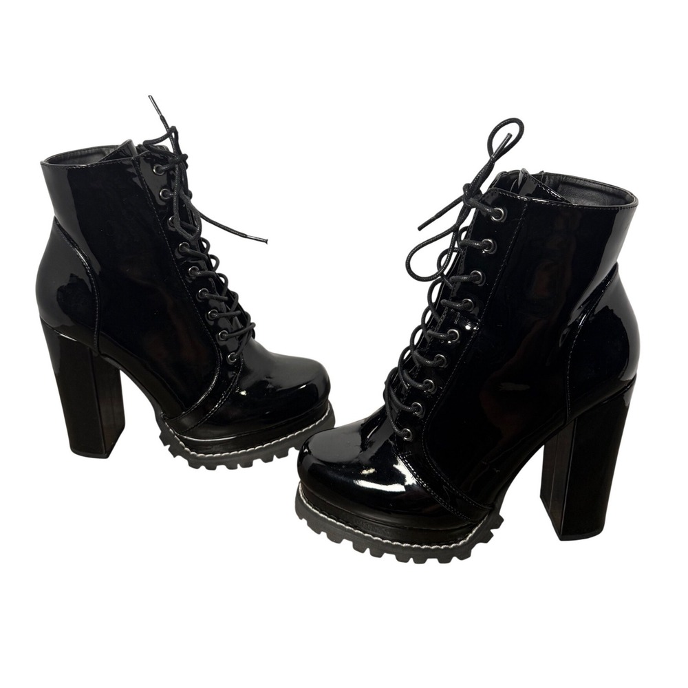 Liliana Black Patent Lace-Up Combat Boots Chunky Platform Heel Size 8